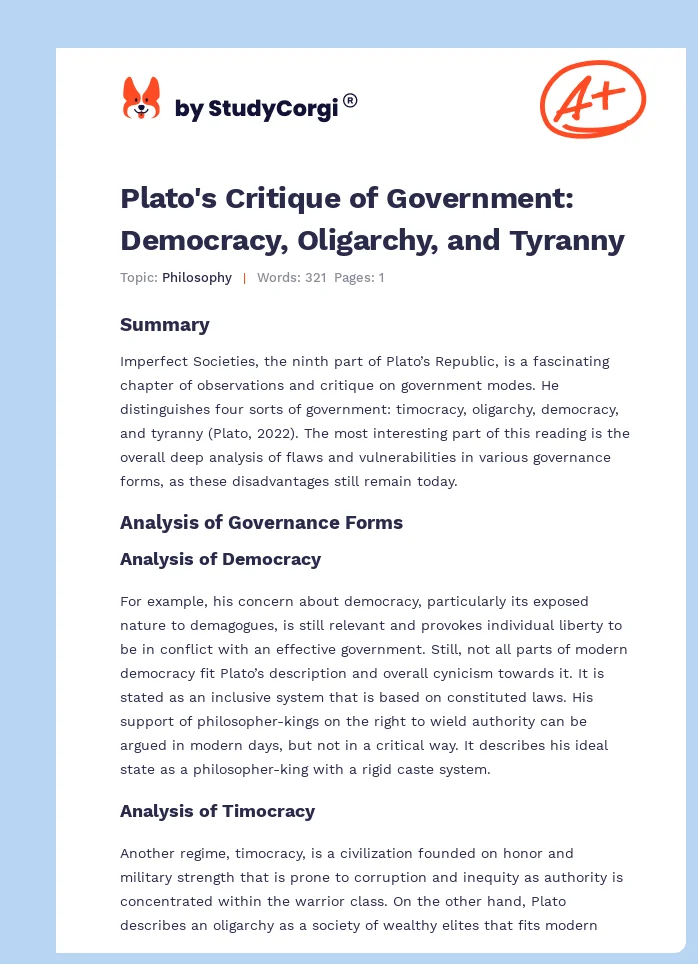 Plato's Critique of Government: Democracy, Oligarchy, and Tyranny. Page 1