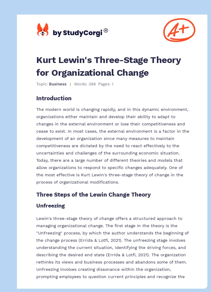 Kurt Lewin's Three-Stage Theory for Organizational Change. Page 1