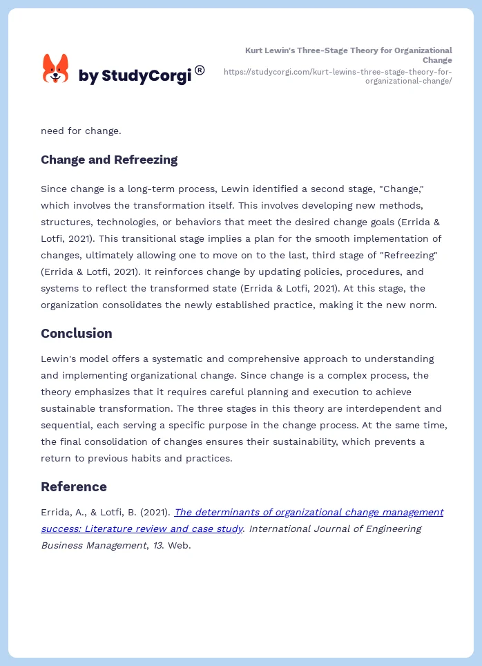 Kurt Lewin's Three-Stage Theory for Organizational Change. Page 2