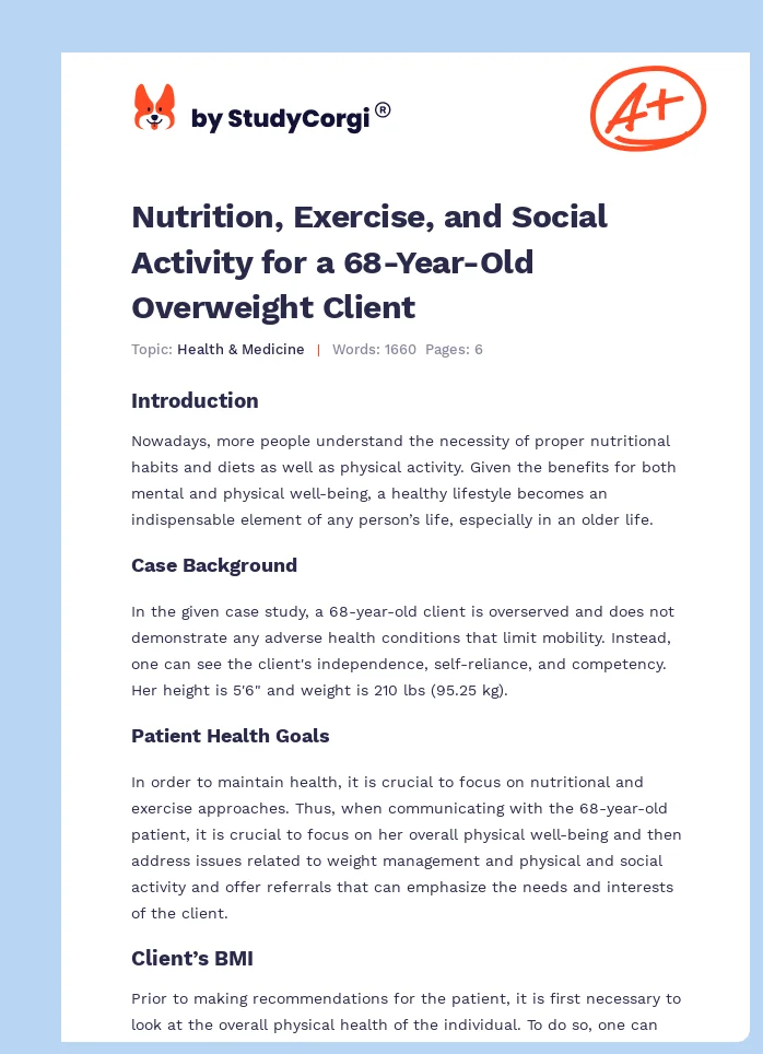 Nutrition, Exercise, and Social Activity for a 68-Year-Old Overweight Client. Page 1