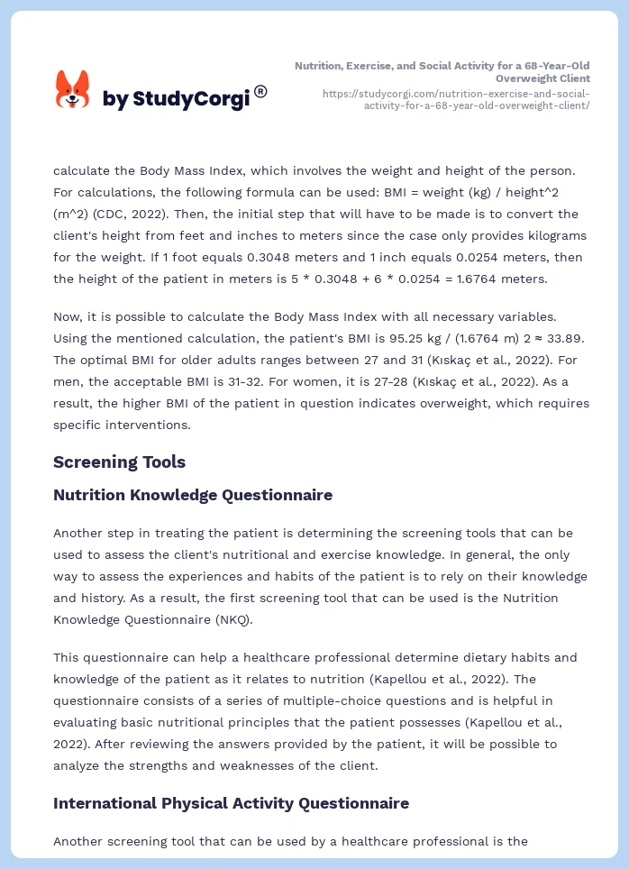 Nutrition, Exercise, and Social Activity for a 68-Year-Old Overweight Client. Page 2