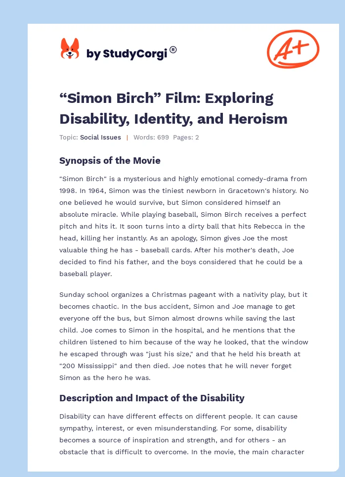 “Simon Birch” Film: Exploring Disability, Identity, and Heroism. Page 1