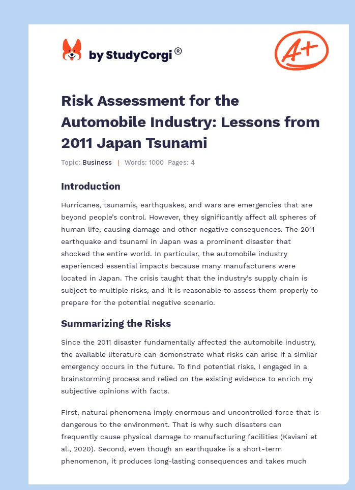 Risk Assessment for the Automobile Industry: Lessons from 2011 Japan Tsunami. Page 1