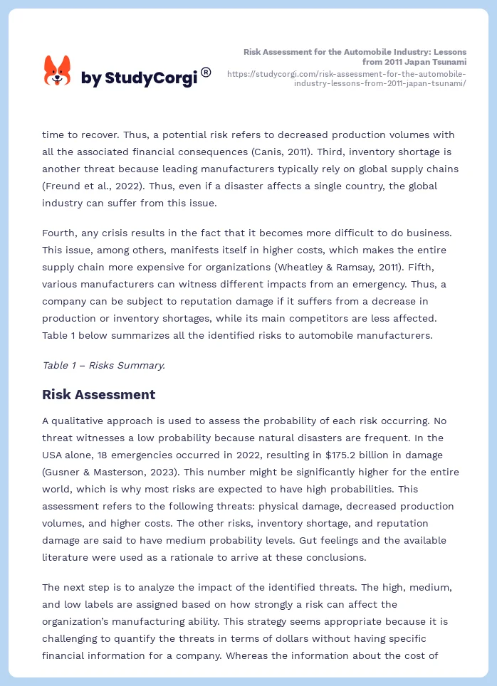 Risk Assessment for the Automobile Industry: Lessons from 2011 Japan Tsunami. Page 2