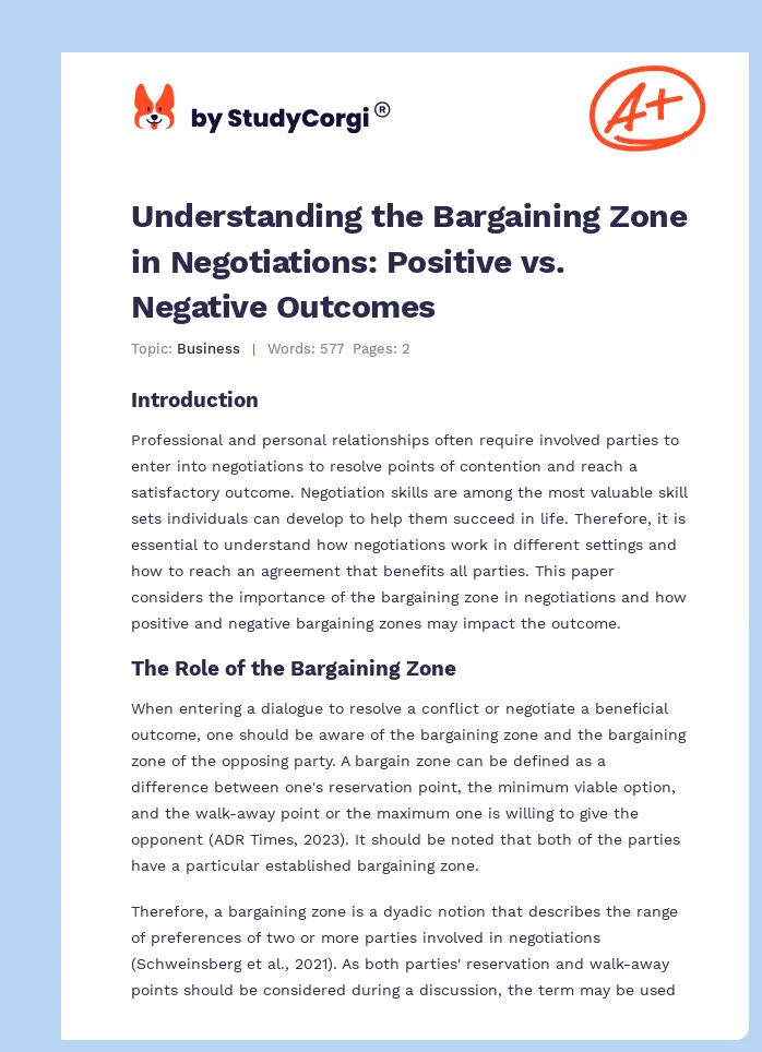 Understanding the Bargaining Zone in Negotiations: Positive vs. Negative Outcomes. Page 1