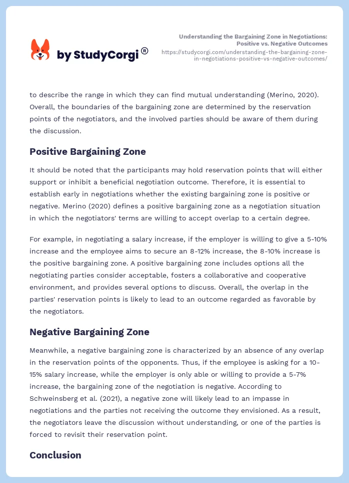 Understanding the Bargaining Zone in Negotiations: Positive vs. Negative Outcomes. Page 2