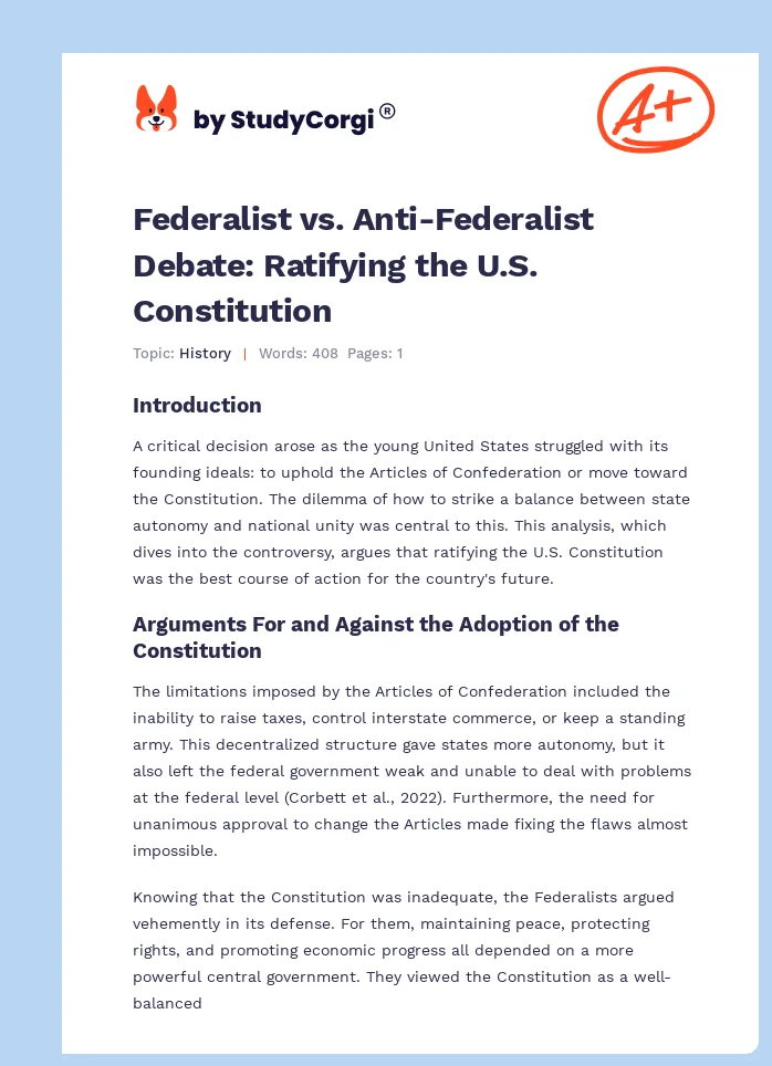 Federalist vs. Anti-Federalist Debate: Ratifying the U.S. Constitution. Page 1