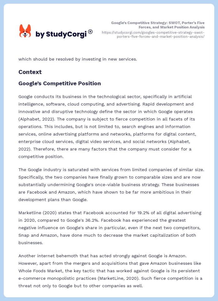 Google’s Competitive Strategy: SWOT, Porter’s Five Forces, and Market Position Analysis. Page 2