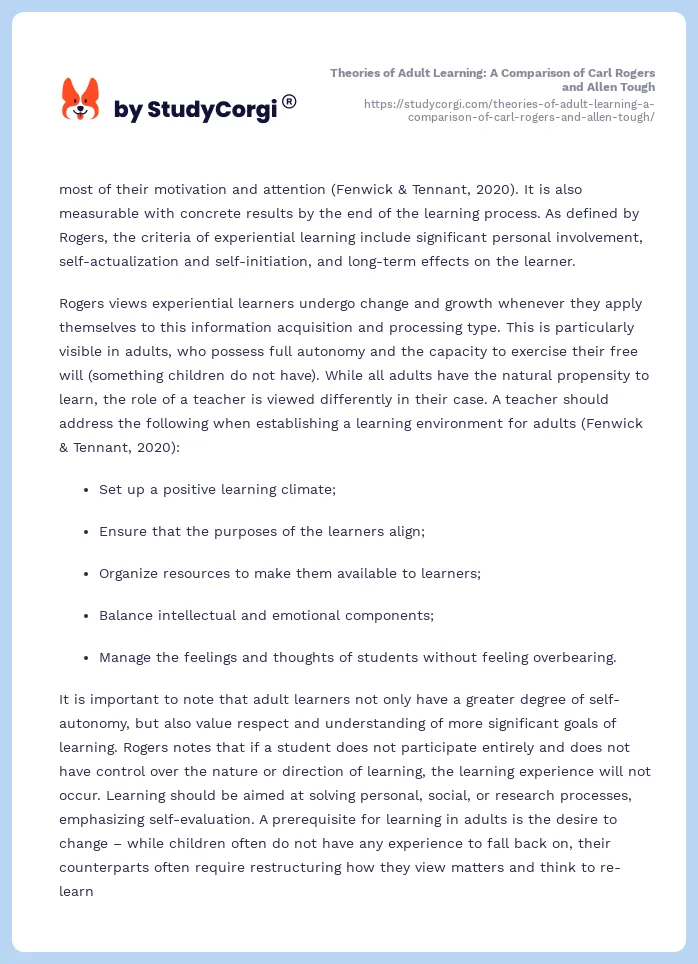 Theories of Adult Learning: A Comparison of Carl Rogers and Allen Tough. Page 2