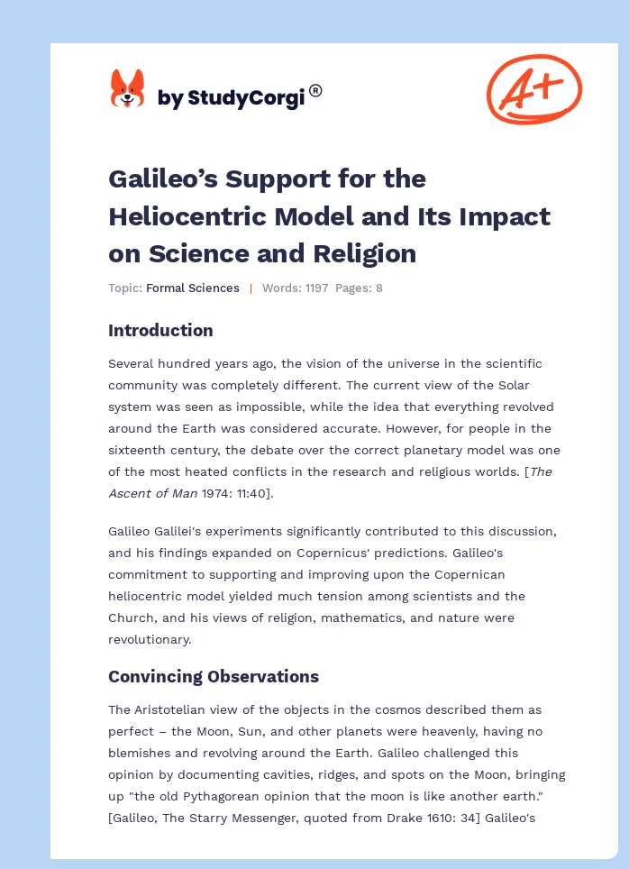 Galileo’s Support for the Heliocentric Model and Its Impact on Science and Religion. Page 1