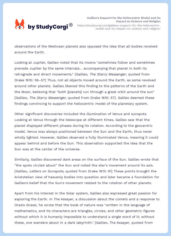 Galileo’s Support for the Heliocentric Model and Its Impact on Science and Religion. Page 2