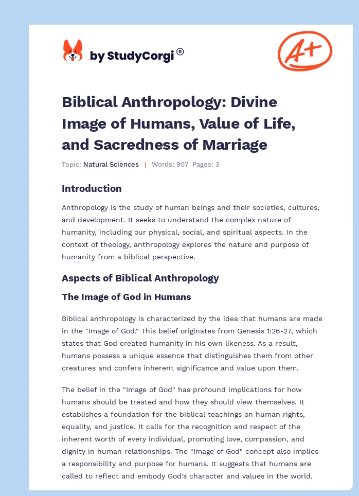 Biblical Anthropology: Divine Image of Humans, Value of Life, and Sacredness of Marriage. Page 1