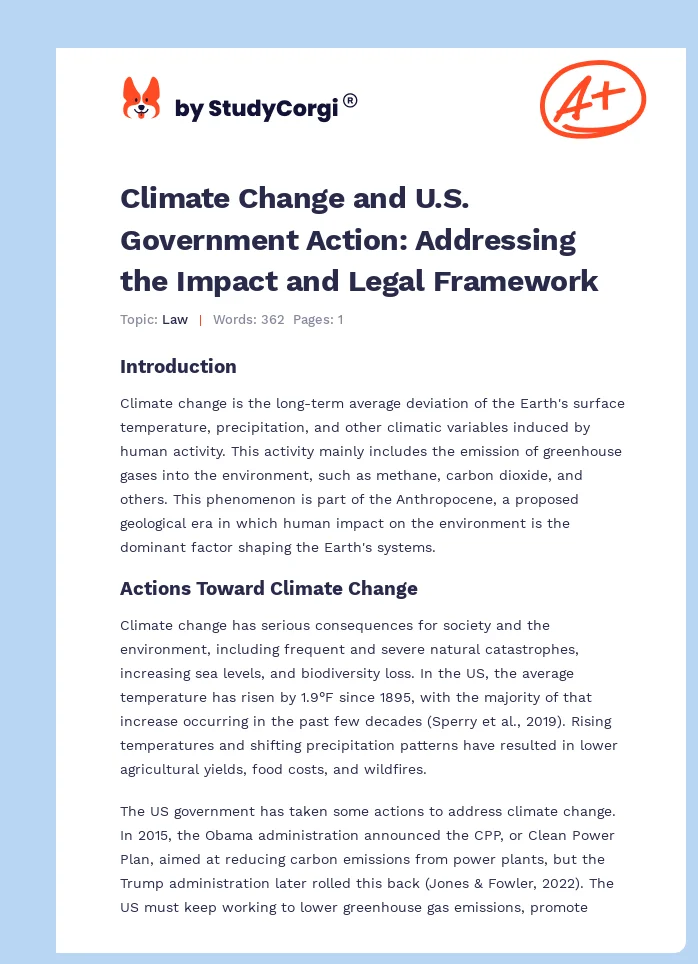 Climate Change and U.S. Government Action: Addressing the Impact and Legal Framework. Page 1