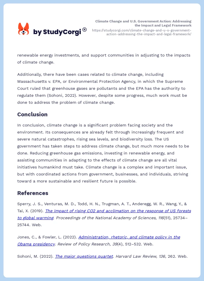 Climate Change and U.S. Government Action: Addressing the Impact and Legal Framework. Page 2