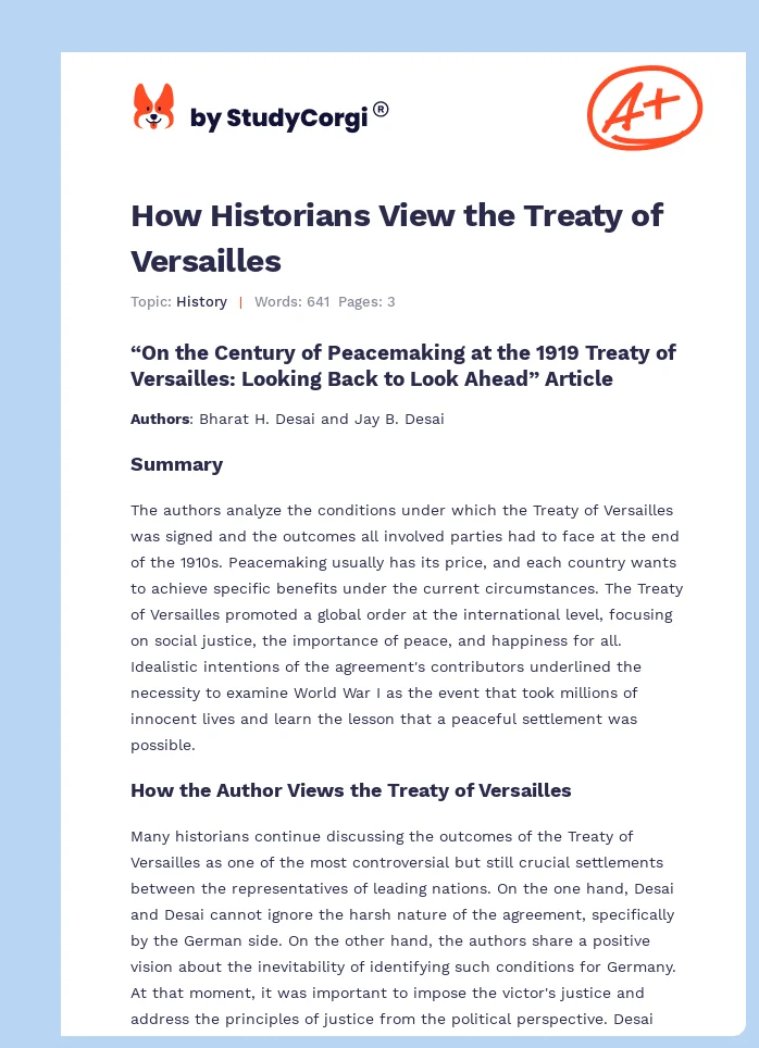 How Historians View the Treaty of Versailles. Page 1