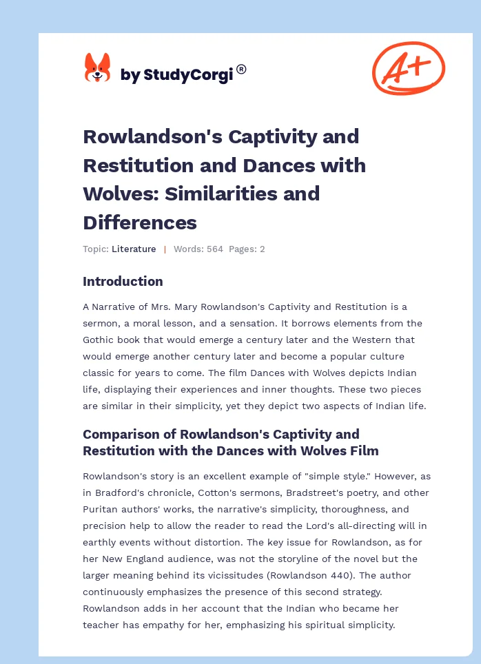 Rowlandson's Captivity and Restitution and Dances with Wolves: Similarities and Differences. Page 1