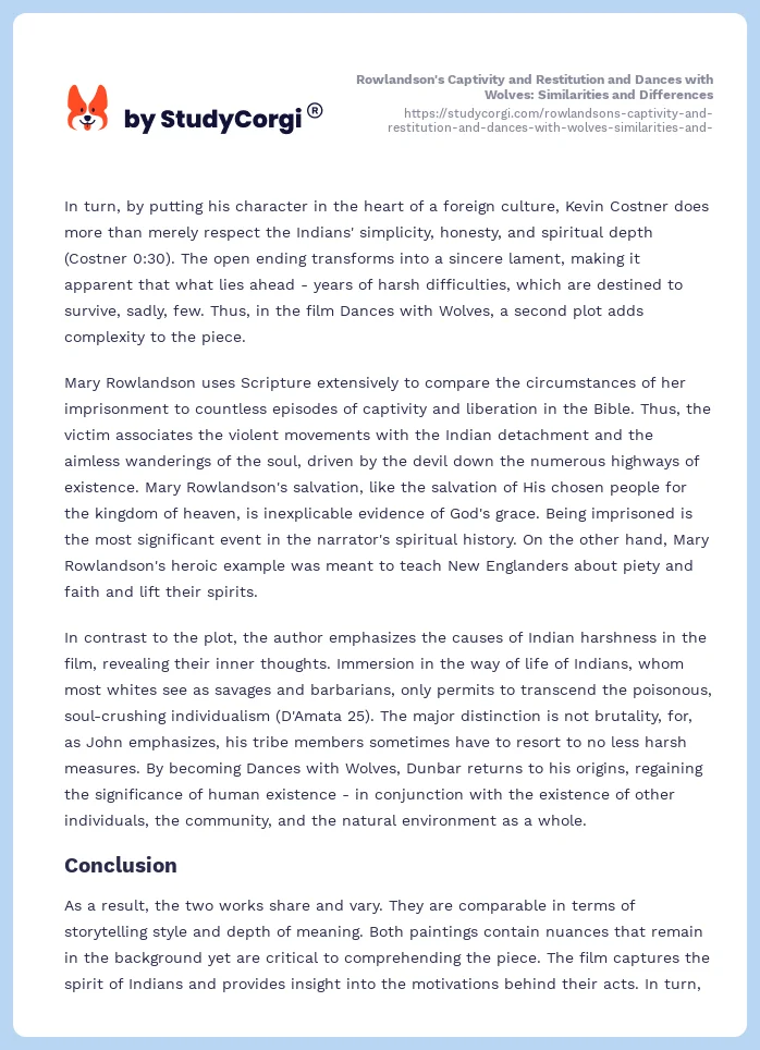 Rowlandson's Captivity and Restitution and Dances with Wolves: Similarities and Differences. Page 2