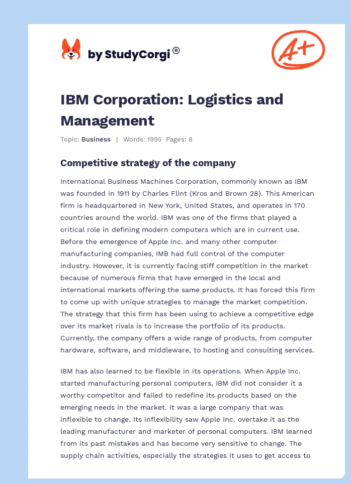 IBM Corporation: Logistics and Management. Page 1