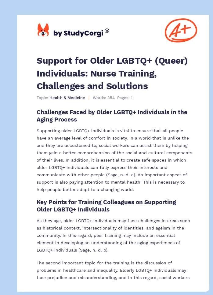 Support for Older LGBTQ+ (Queer) Individuals: Nurse Training, Challenges and Solutions. Page 1