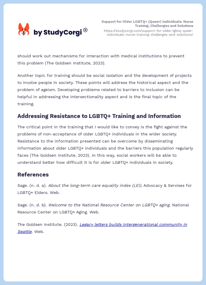 Support for Older LGBTQ+ (Queer) Individuals: Nurse Training, Challenges and Solutions. Page 2