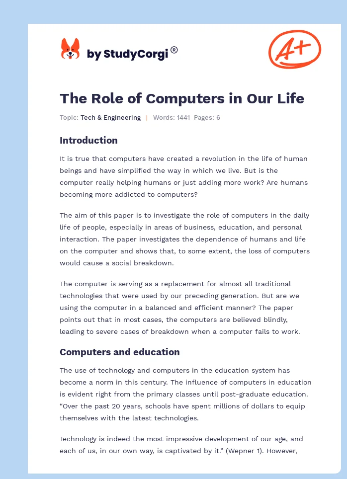 The Role of Computers in Our Life. Page 1
