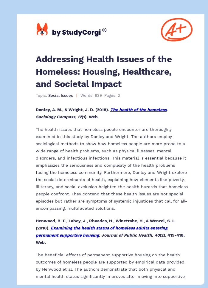 Addressing Health Issues of the Homeless: Housing, Healthcare, and Societal Impact. Page 1