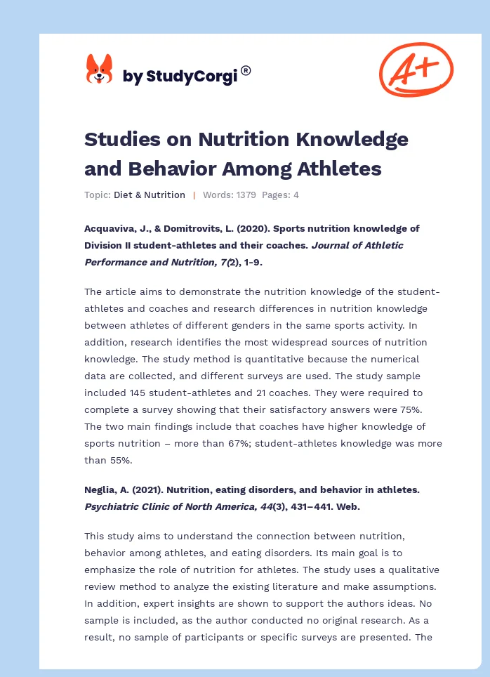 Studies on Nutrition Knowledge and Behavior Among Athletes. Page 1