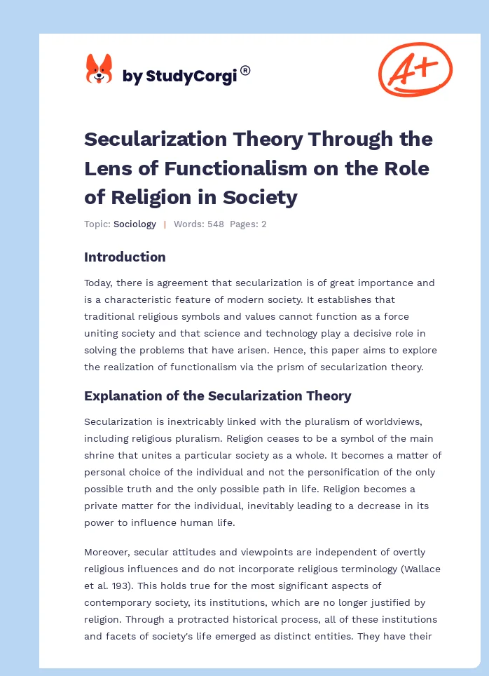 Secularization Theory Through the Lens of Functionalism on the Role of Religion in Society. Page 1