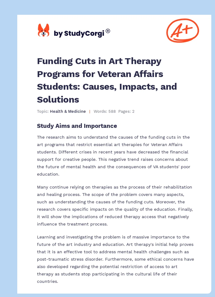 Funding Cuts in Art Therapy Programs for Veteran Affairs Students: Causes, Impacts, and Solutions. Page 1