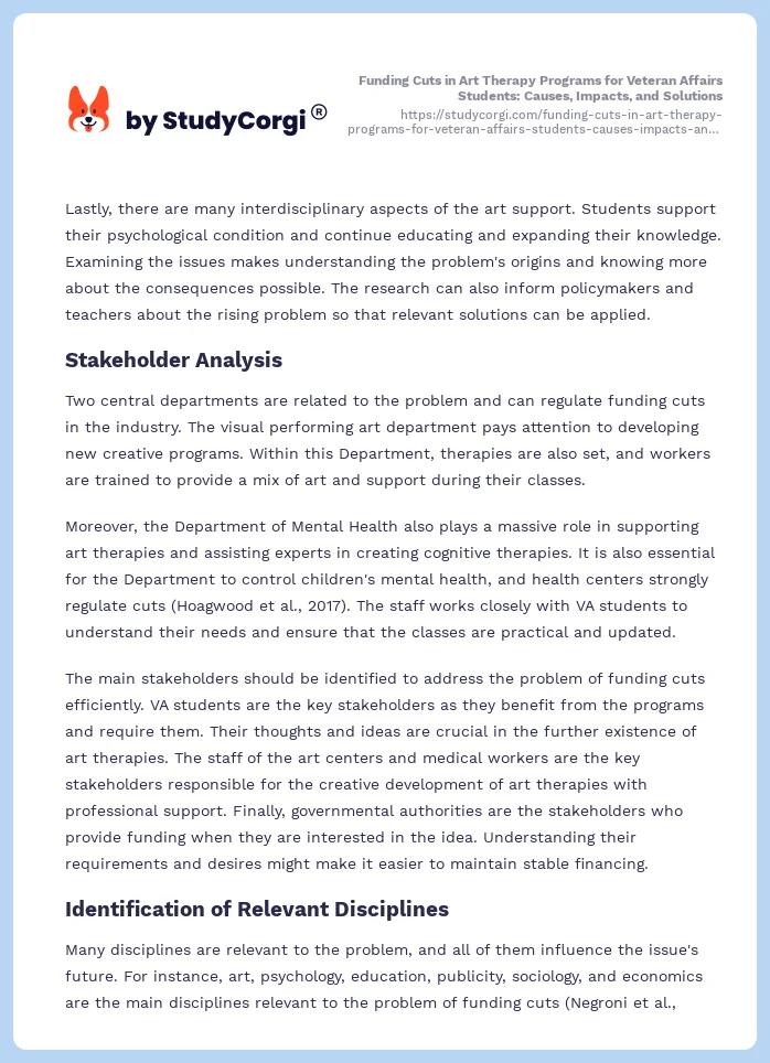 Funding Cuts in Art Therapy Programs for Veteran Affairs Students: Causes, Impacts, and Solutions. Page 2