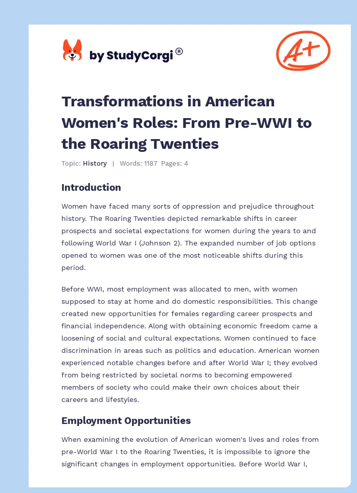 Transformations in American Women's Roles: From Pre-WWI to the Roaring Twenties. Page 1