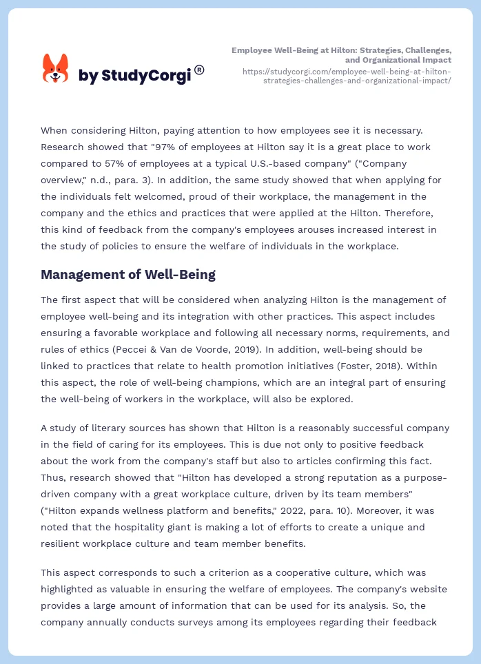 Employee Well-Being at Hilton: Strategies, Challenges, and Organizational Impact. Page 2