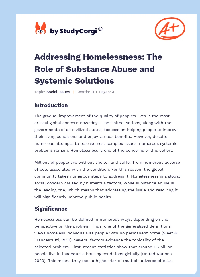 Addressing Homelessness: The Role of Substance Abuse and Systemic Solutions. Page 1