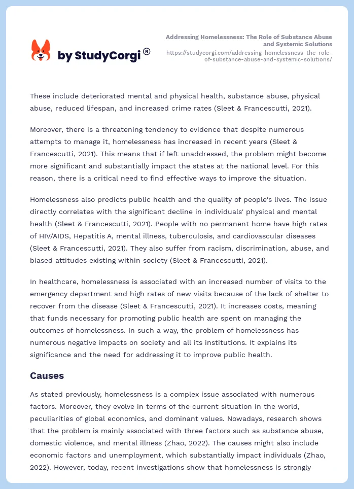 Addressing Homelessness: The Role of Substance Abuse and Systemic Solutions. Page 2