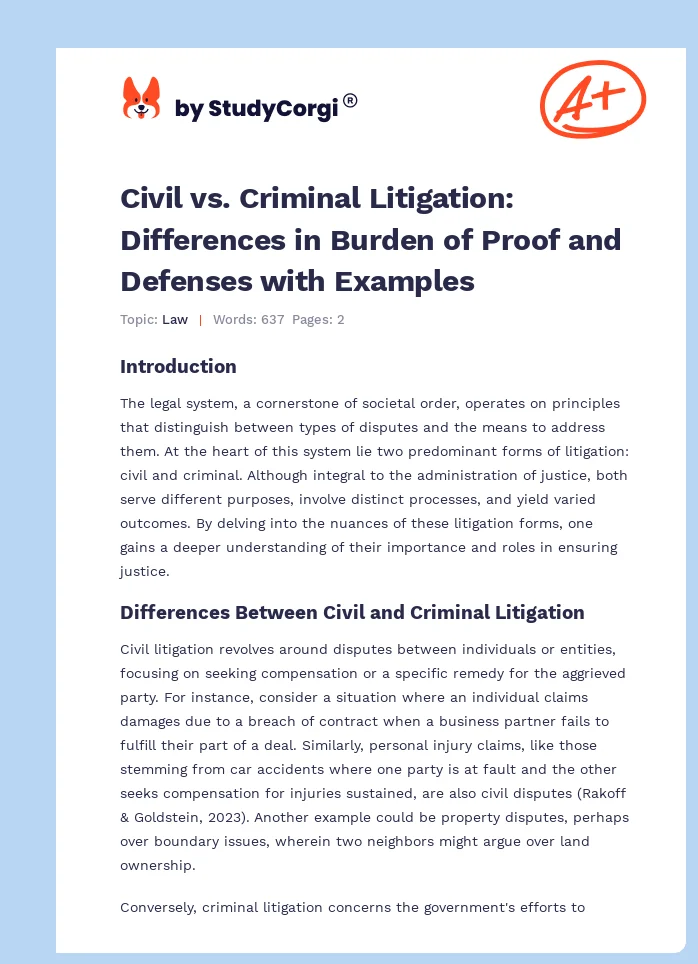 Civil vs. Criminal Litigation: Differences in Burden of Proof and Defenses with Examples. Page 1