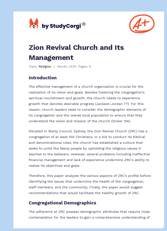 Zion Revival Church and Its Management. Page 1