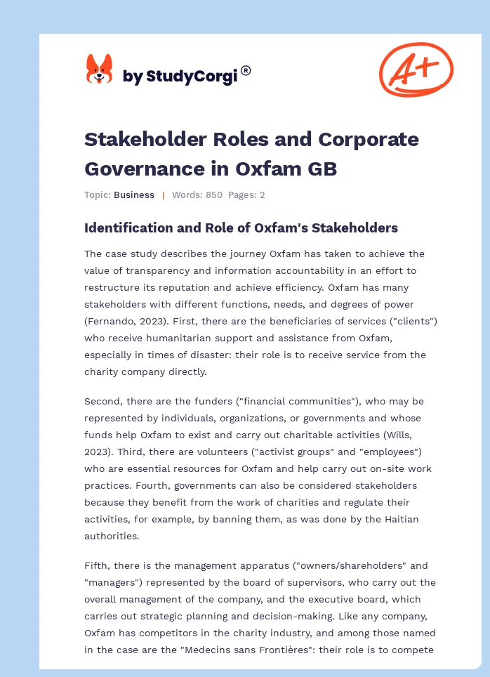 Stakeholder Roles and Corporate Governance in Oxfam GB. Page 1