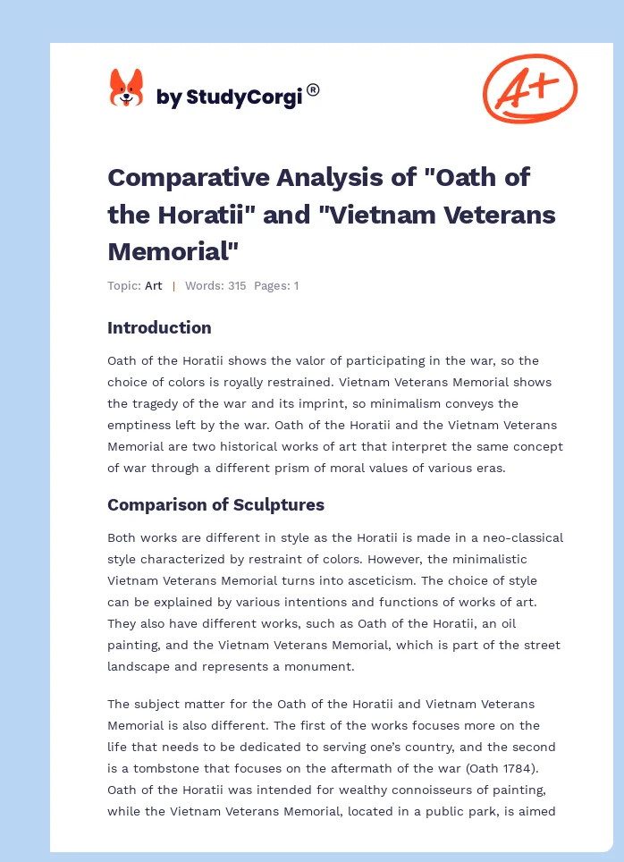 Comparative Analysis of "Oath of the Horatii" and "Vietnam Veterans Memorial". Page 1