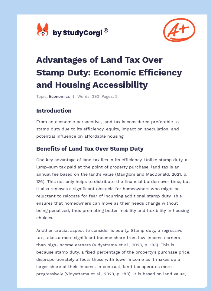 Advantages of Land Tax Over Stamp Duty: Economic Efficiency and Housing Accessibility. Page 1