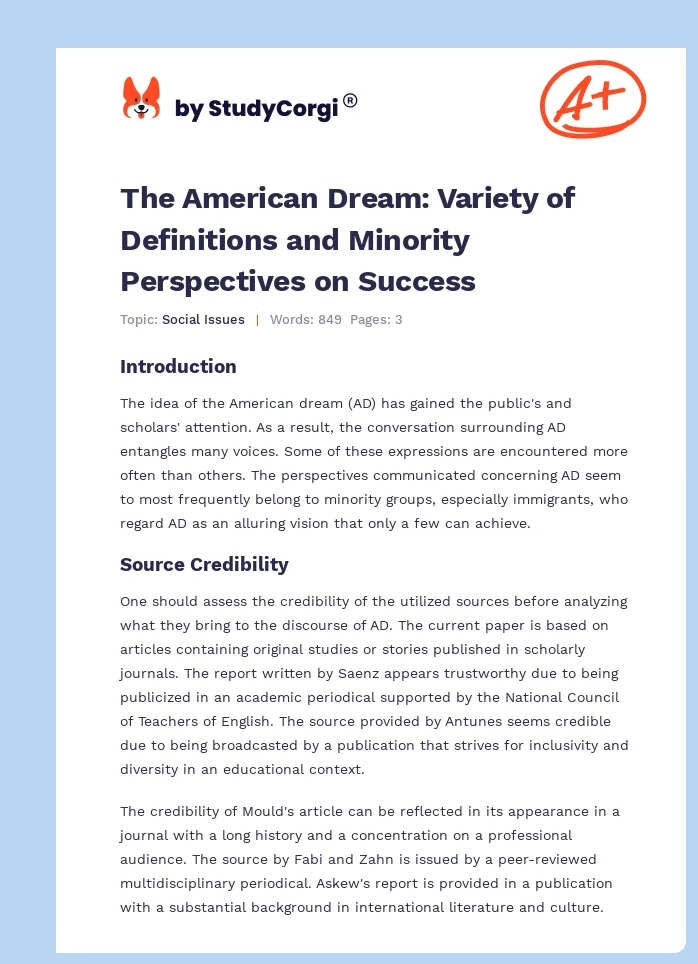 The American Dream: Variety of Definitions and Minority Perspectives on Success. Page 1