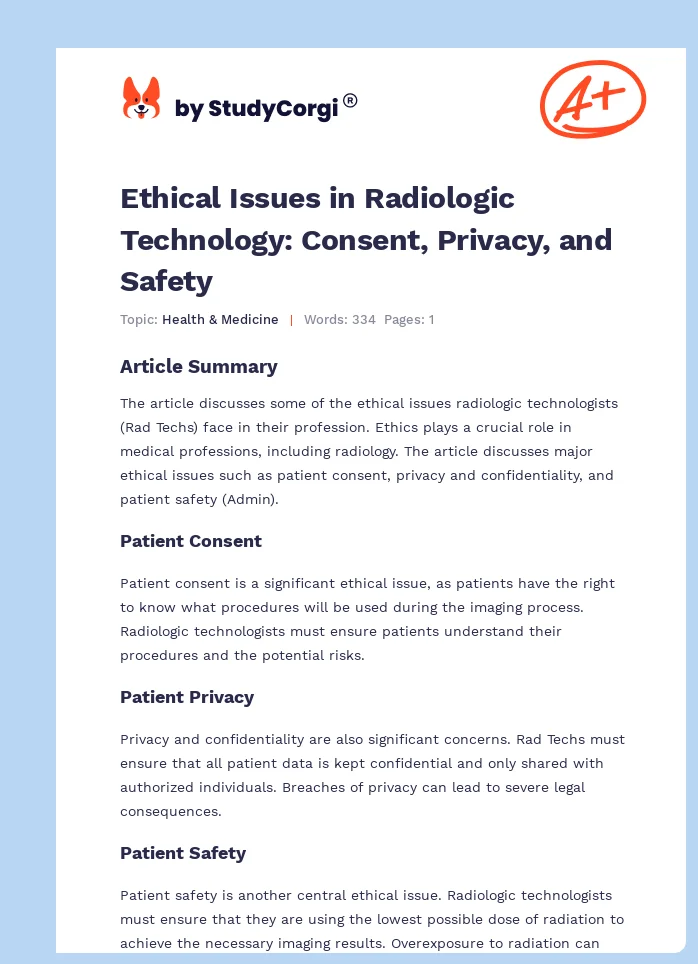 Ethical Issues in Radiologic Technology: Consent, Privacy, and Safety. Page 1