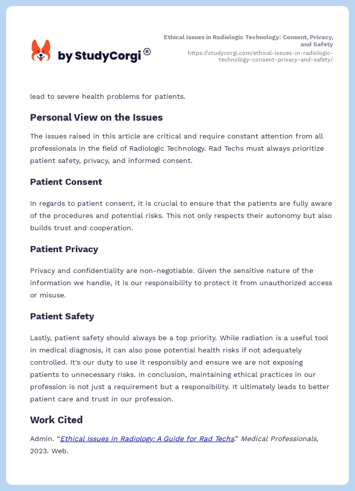 Ethical Issues in Radiologic Technology: Consent, Privacy, and Safety. Page 2