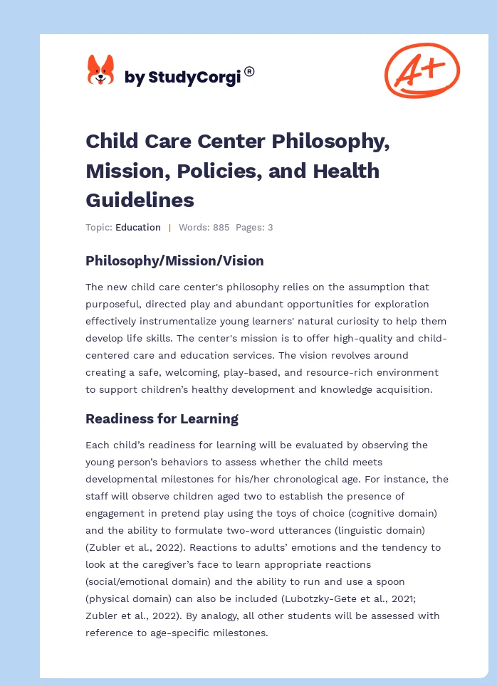 Child Care Center Philosophy, Mission, Policies, and Health Guidelines. Page 1