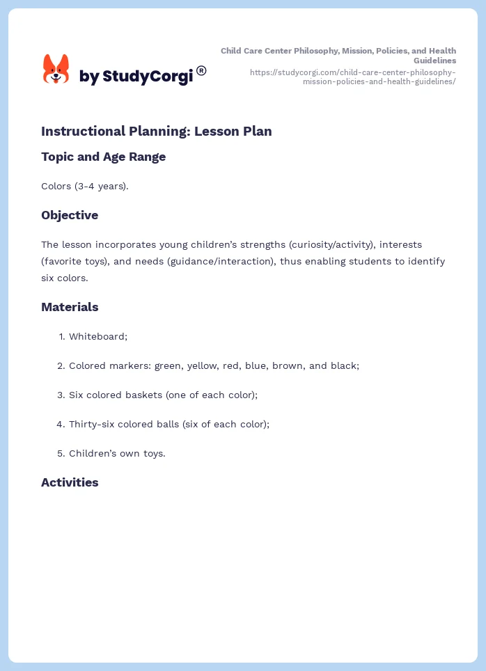 Child Care Center Philosophy, Mission, Policies, and Health Guidelines. Page 2