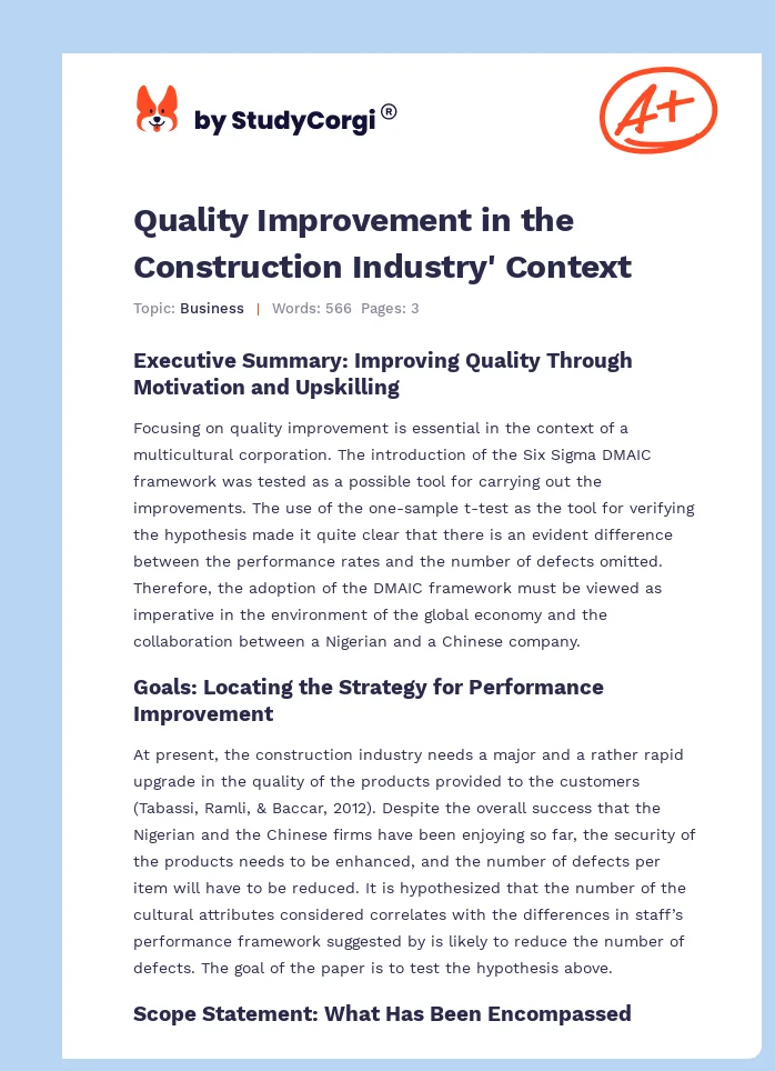 Quality Improvement in the Construction Industry' Context. Page 1