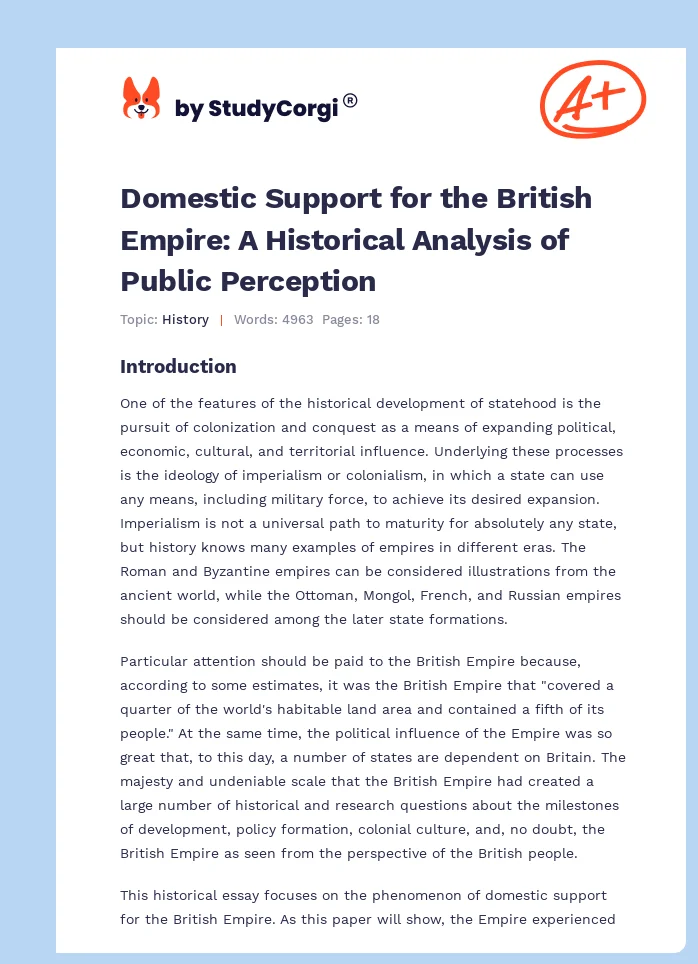 Domestic Support for the British Empire: A Historical Analysis of Public Perception. Page 1