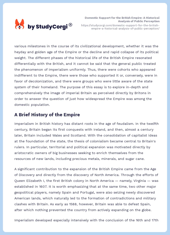 Domestic Support for the British Empire: A Historical Analysis of Public Perception. Page 2