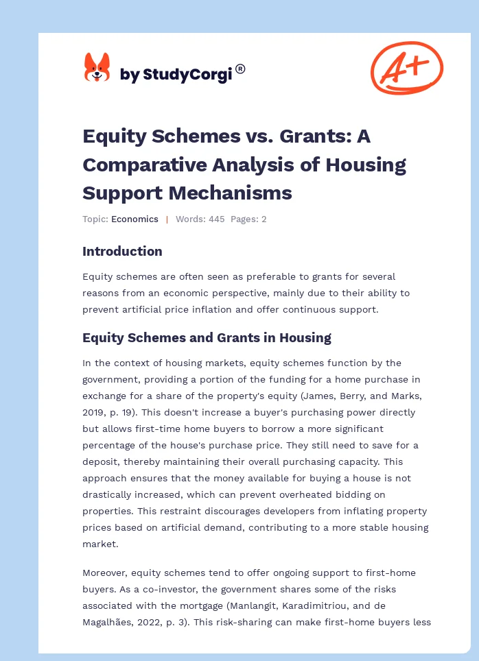 Equity Schemes vs. Grants: A Comparative Analysis of Housing Support Mechanisms. Page 1