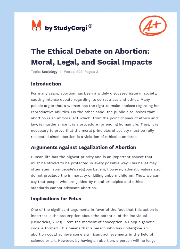 The Ethical Debate on Abortion: Moral, Legal, and Social Impacts. Page 1