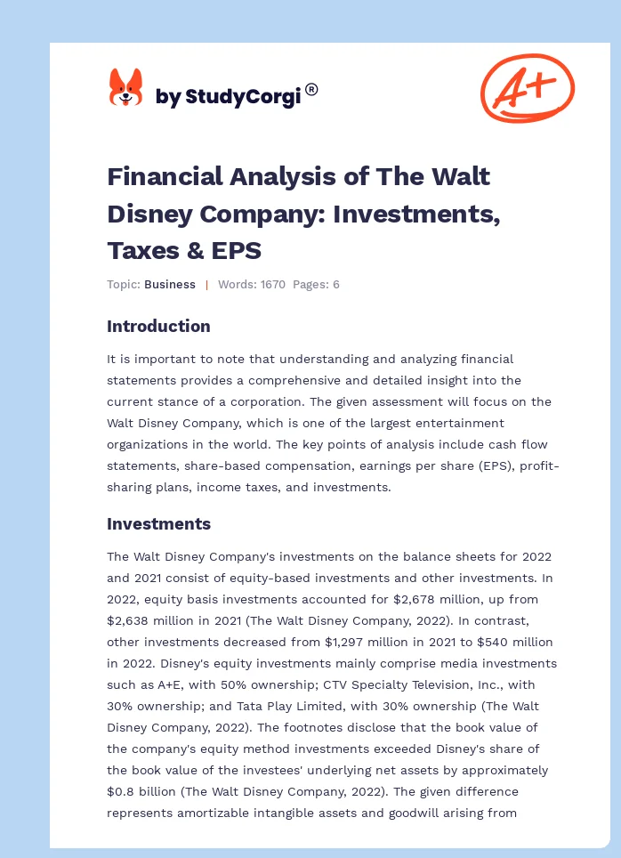 Financial Analysis of The Walt Disney Company: Investments, Taxes & EPS. Page 1